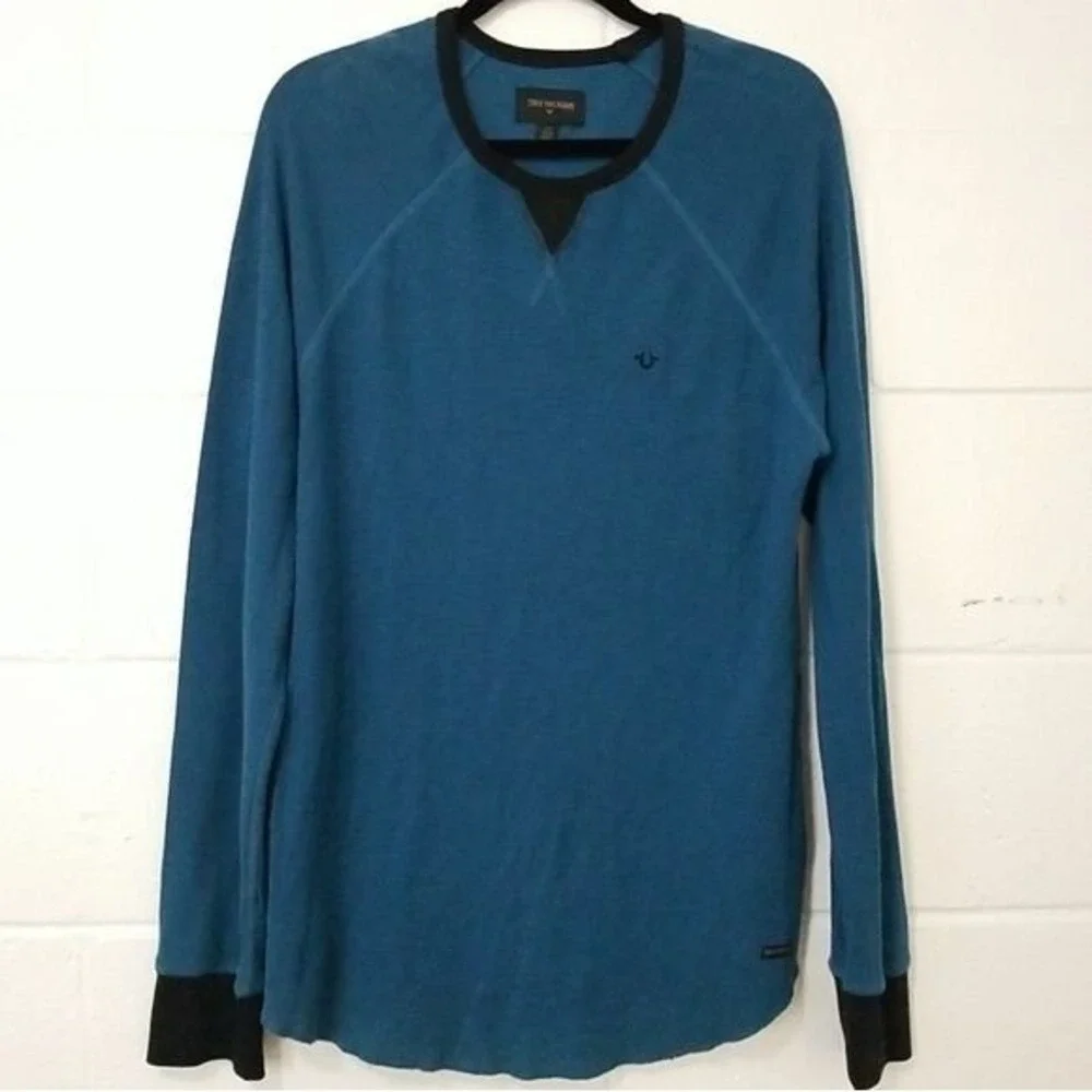 TRUE RELIGION Logo Waffle Knit‎ Raglan Crew Shirt Long Sleeve Mens L Aqua Blue